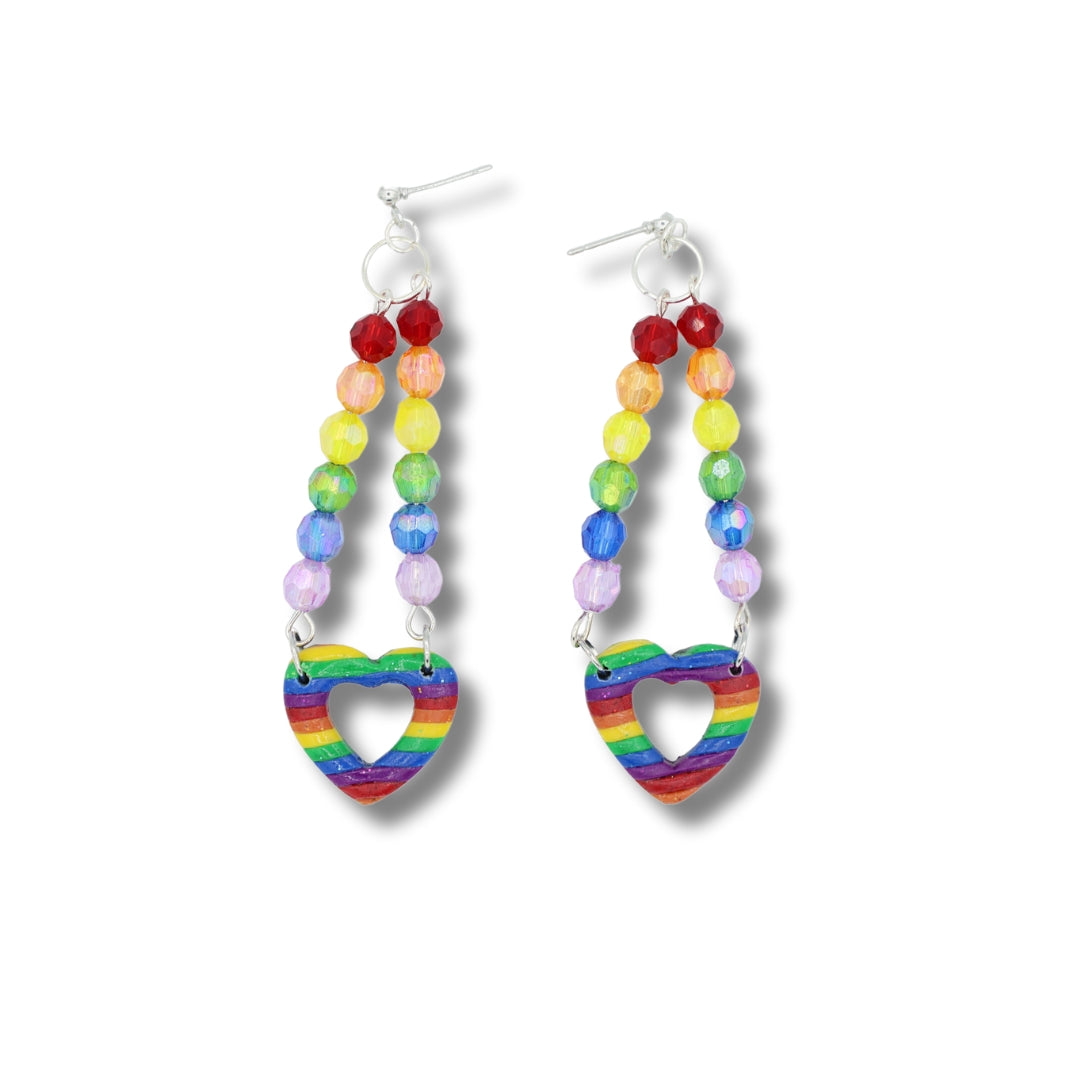 Rainbow heart Beaded Dangles - Handmade Polymer Clay Earrings