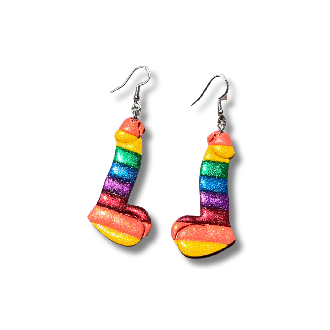 Rainbow Penis Dangle - Handmade Polymer Clay Earrings