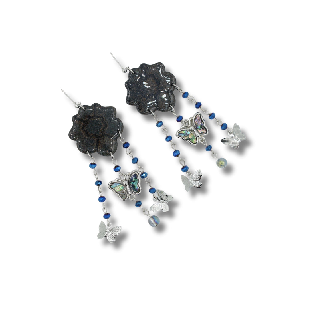 Black and blue Iridescent Butterfly Dangles- Handmade Polymer Clay Earrings