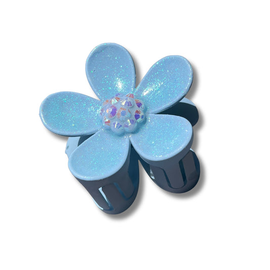 Blue Glitter  white Rhinestones Flower - Claw Clip