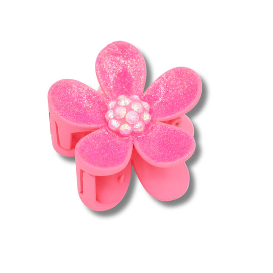 Pink Glitter  white Rhinestones  Flower - Claw Clip