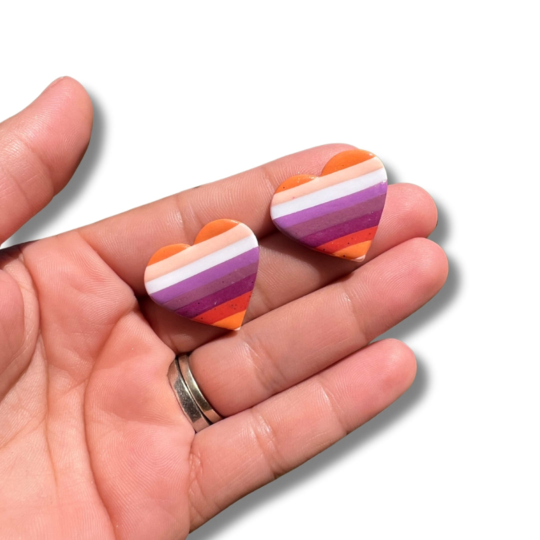 Lesbian Flag Horizontal Stripe Heart Studs- Handmade Polymer Clay Earrings