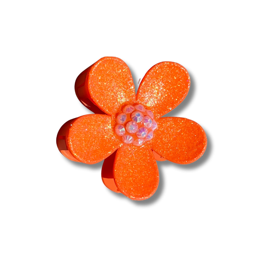 Orange Glitter white Rhinestones Flower - Claw Clip
