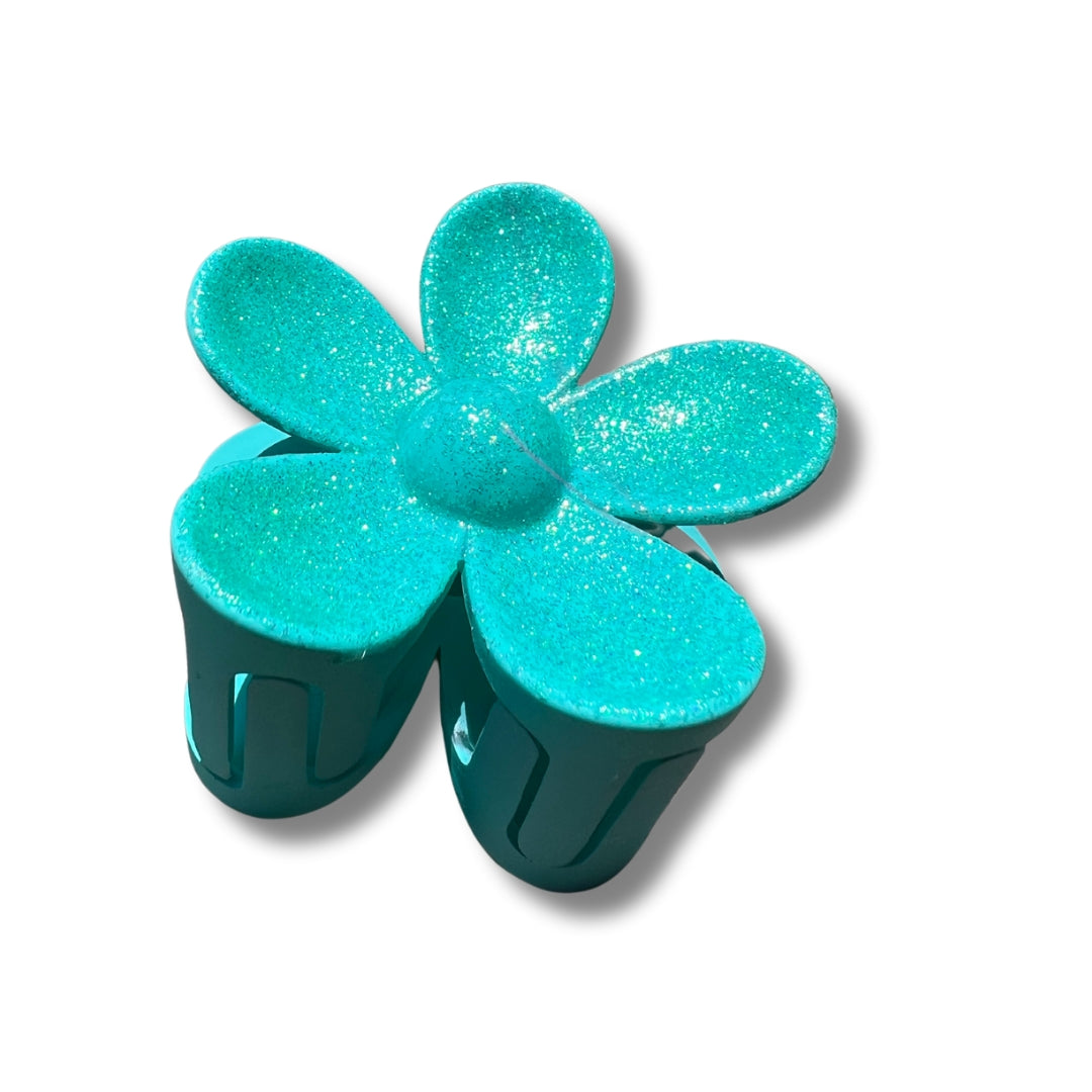 Teal Glitter Flower - Claw Clip